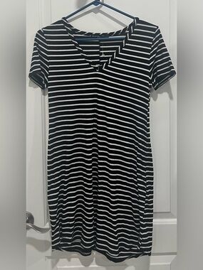 Black and White Striped V-Neck Mini Dress